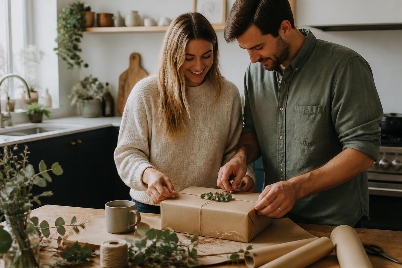 A couple wrapping a gift simply with natural paper and twine in their kitchen