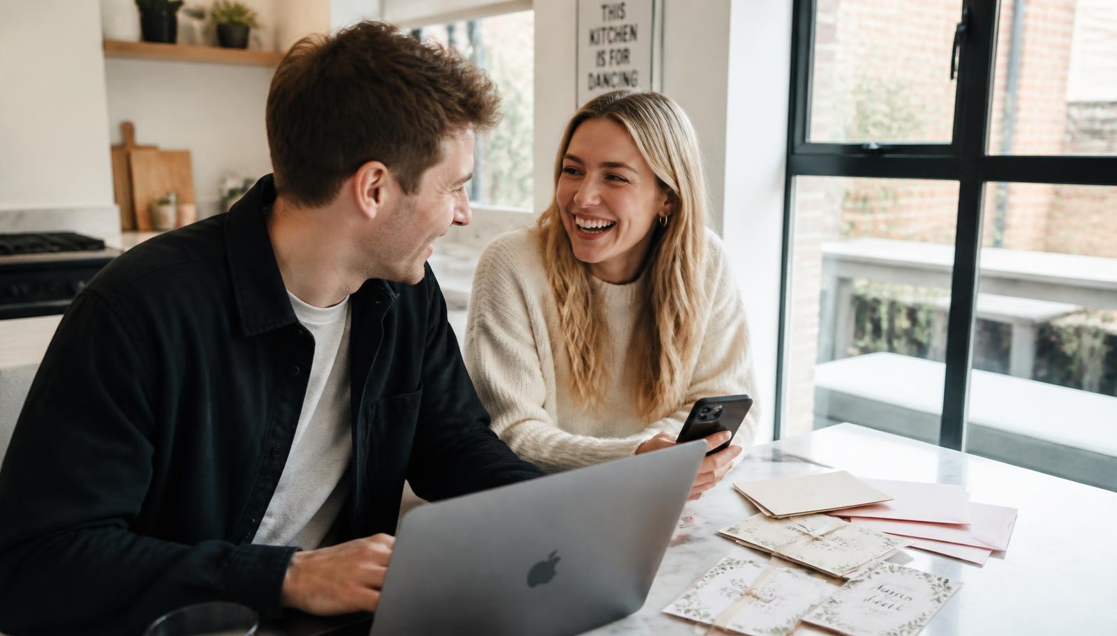 Couple using a laptop and phone to plan their wedding online
