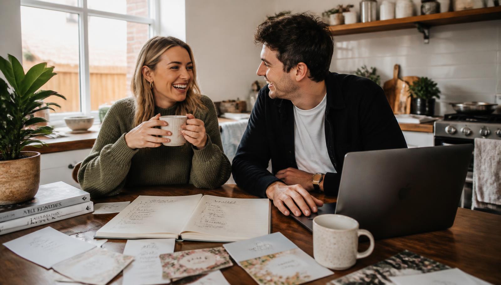 Couple planning their wedding together at a kitchen table