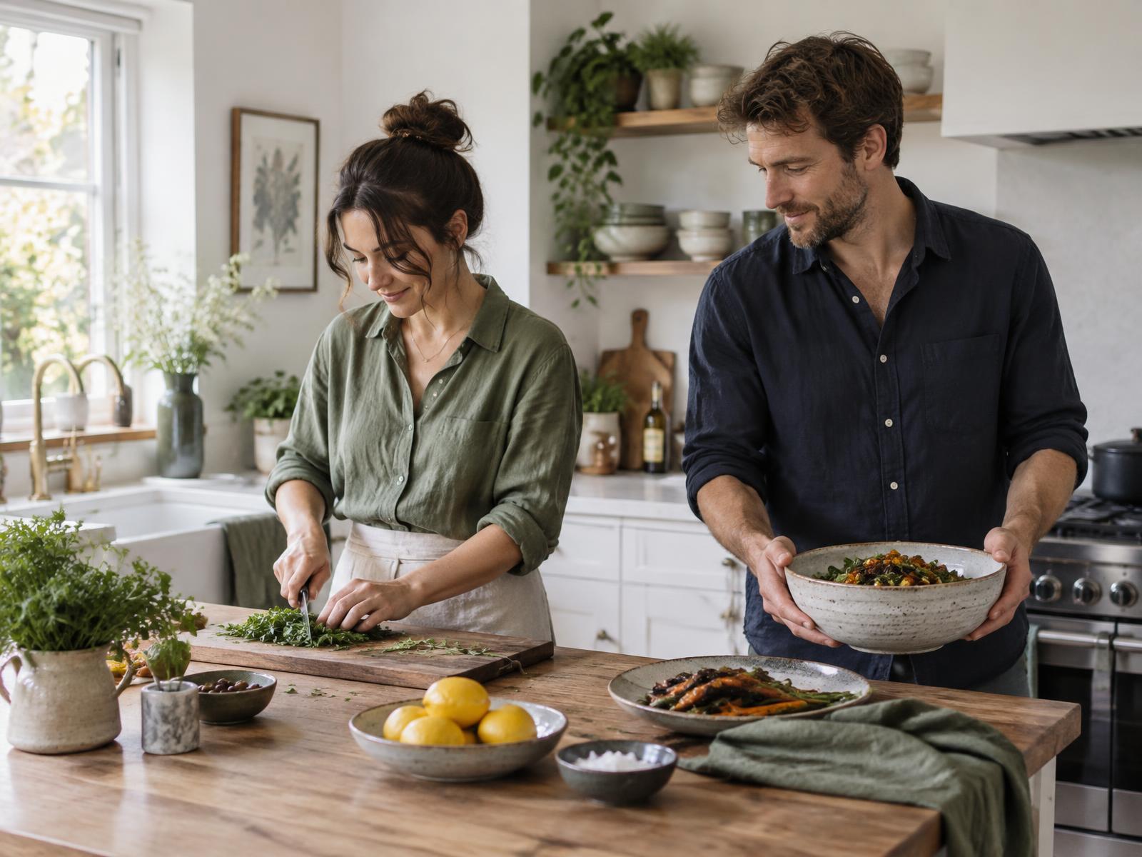 A couple preparing supper together in their bright, lived-in kitchen