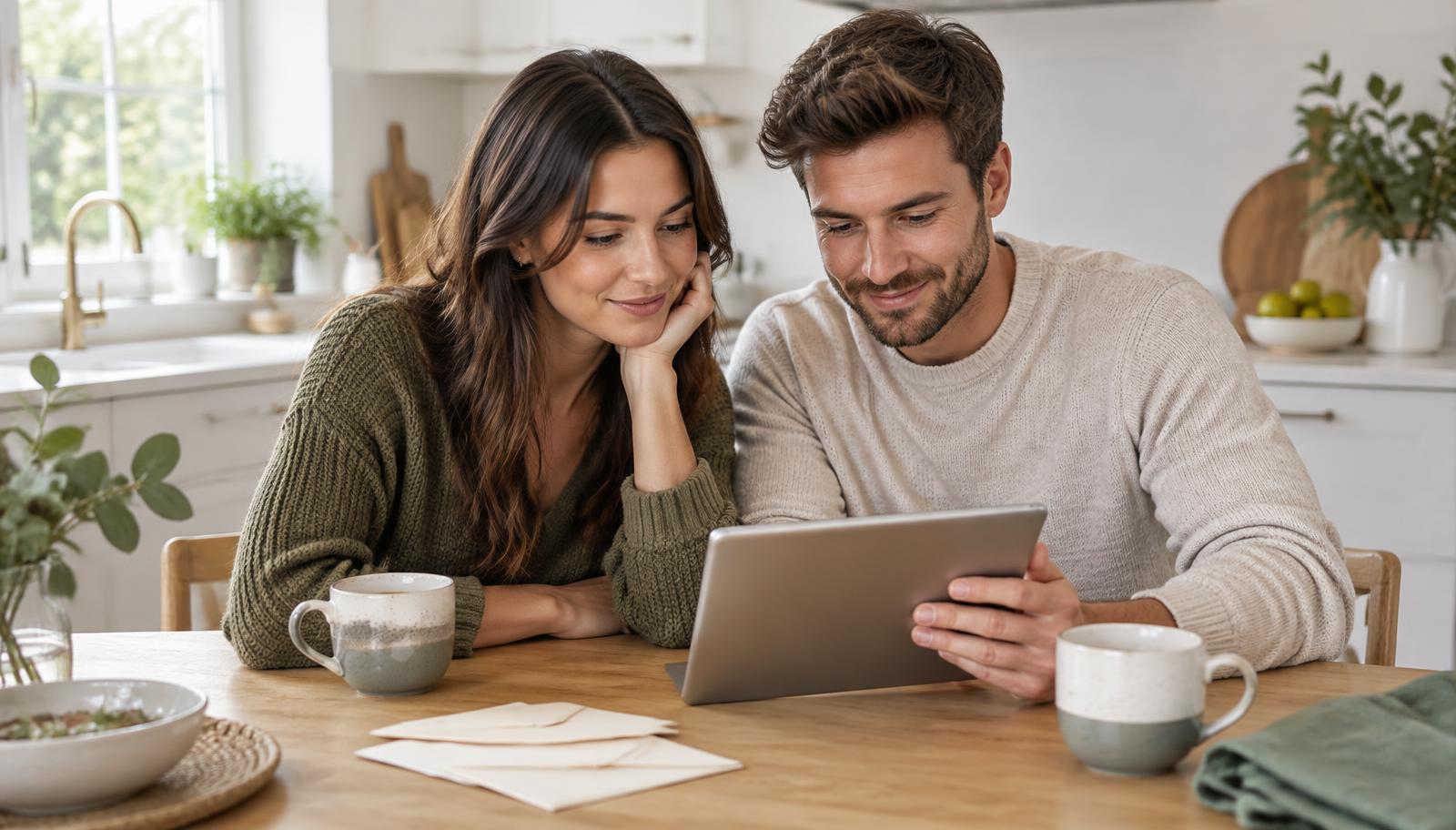 Couple reviewing their wedding details together at a bright kitchen table