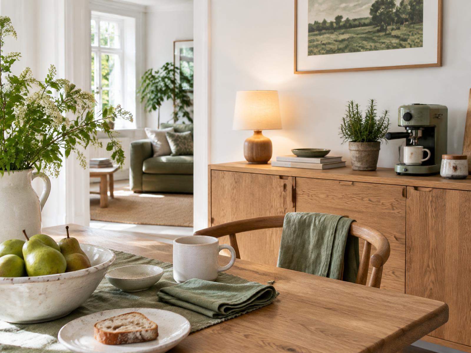 Useful home pieces arranged in a bright dining space with warm wood and soft green linen