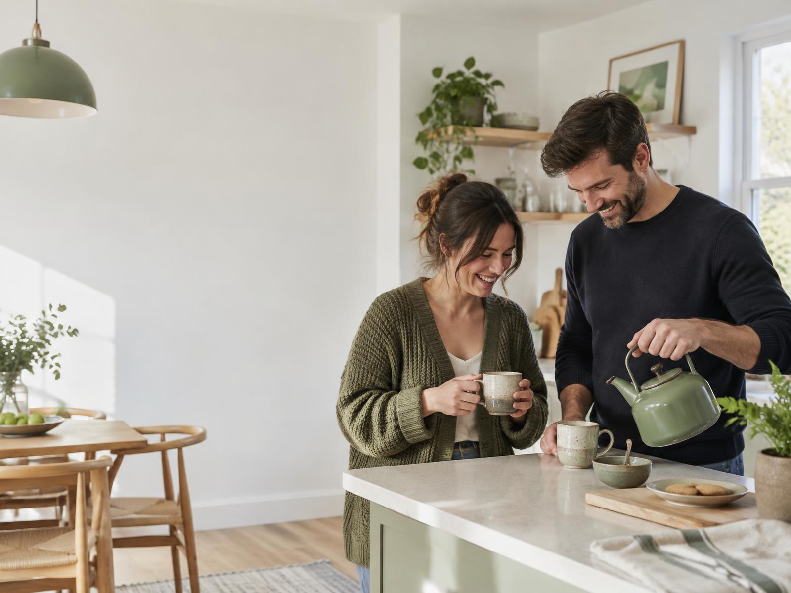 A couple sharing tea in their bright, lived-in kitchen