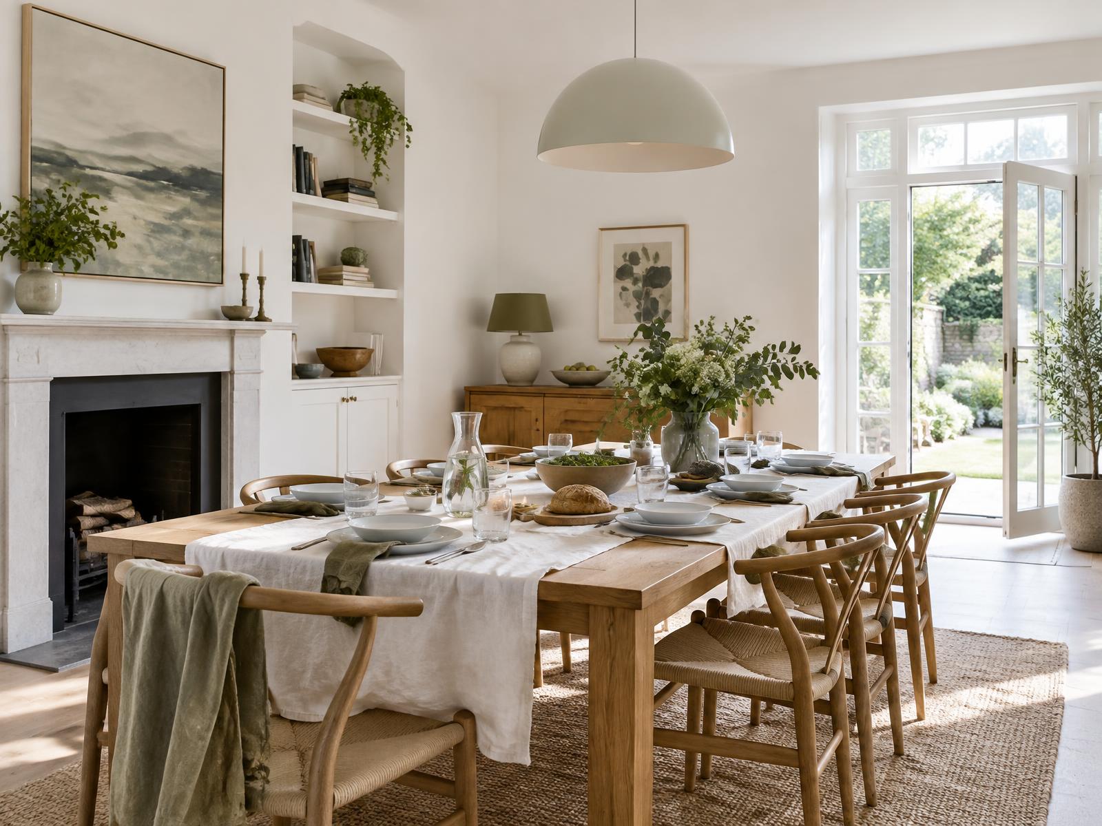 A bright dining room set for relaxed hosting around a long oak table