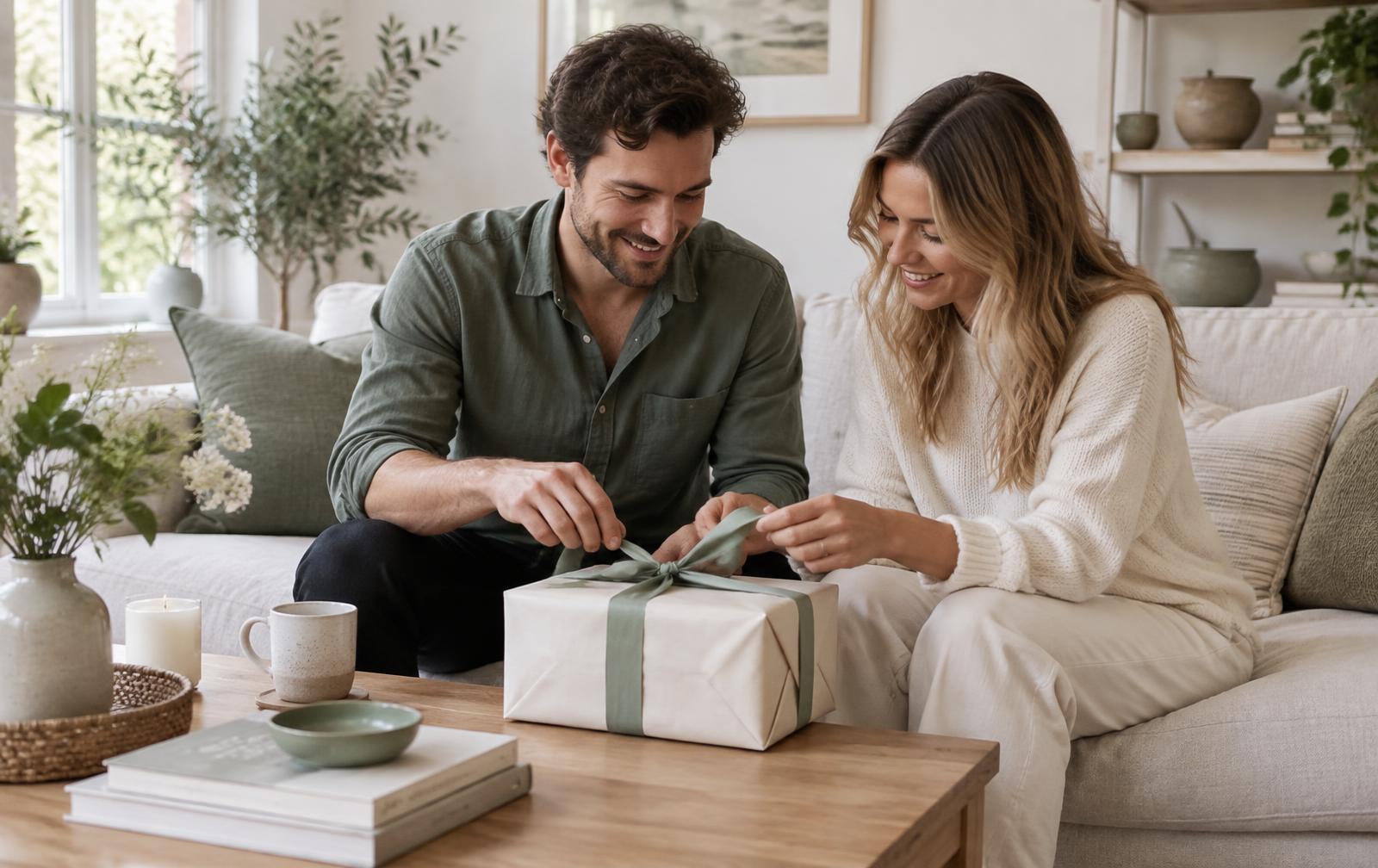 A couple opening one thoughtfully wrapped gift together at home