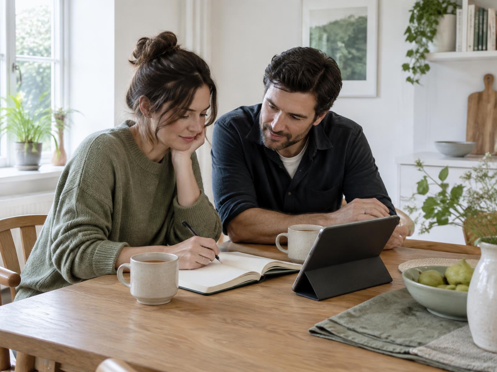 A couple considering their plans together at a bright kitchen table