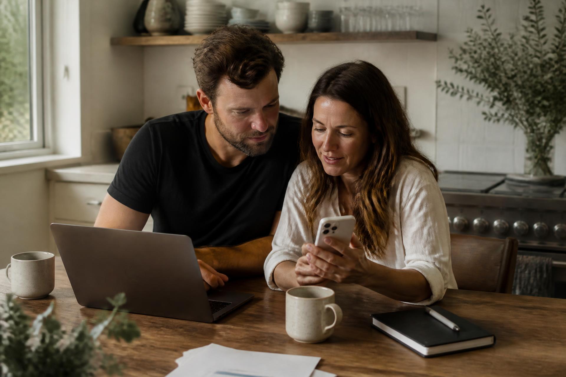 A couple looking at a laptop and phone together at their kitchen table